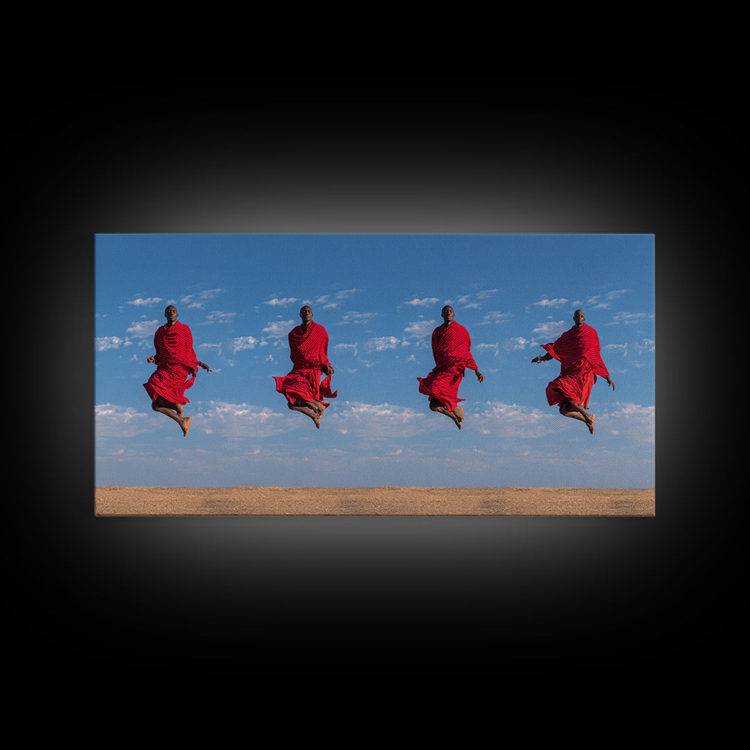 Red Maasai Warriors Jumping Canvas Print, African Safari Art, African Warrior Art, Kenya Print, Statement Wall Decor Gift