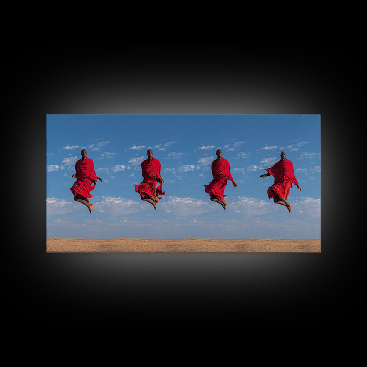 Red Maasai Warriors Jumping Canvas Print, African Safari Art, African Warrior Art, Kenya Print, Statement Wall Decor Gift