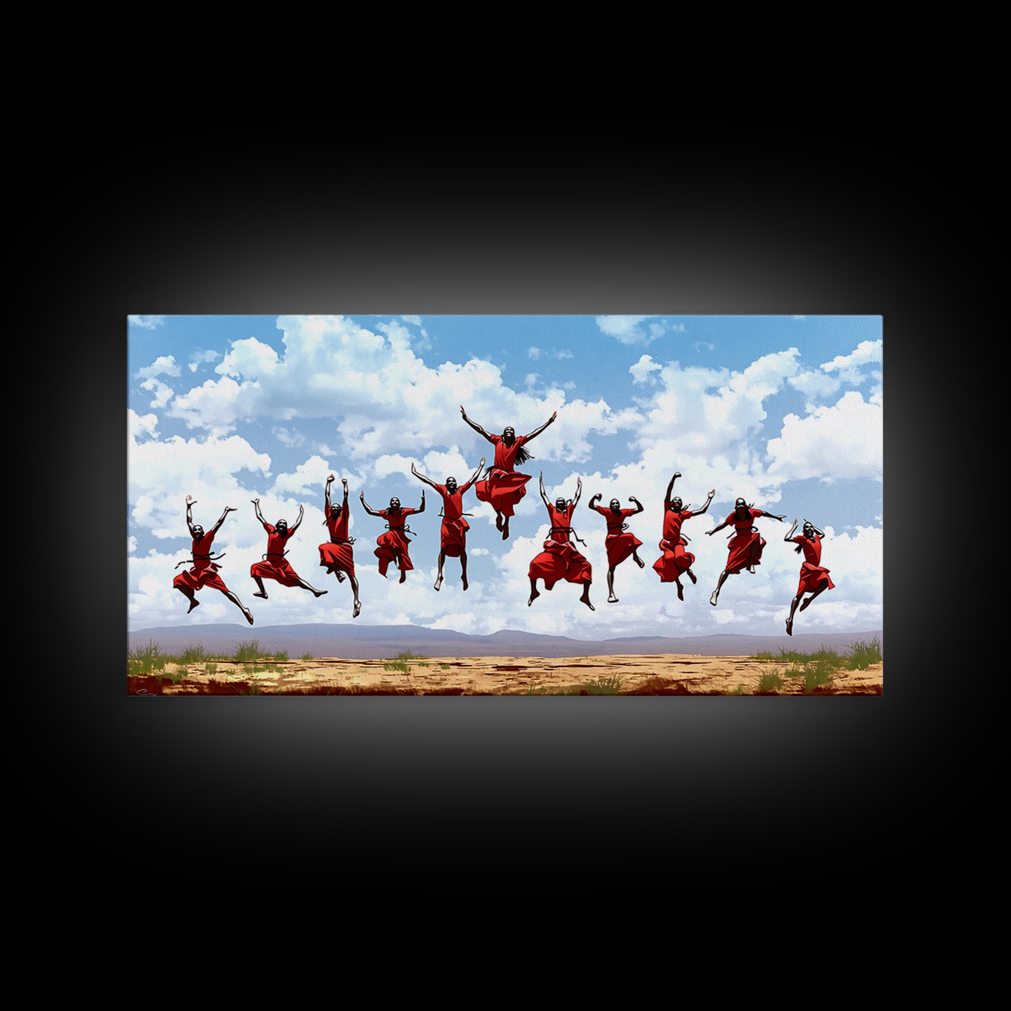Joyful Red Dancers Under Clouds Canvas Print, African Celebration, African Women Art, Safari Decor, Colorful Wall Art Gift