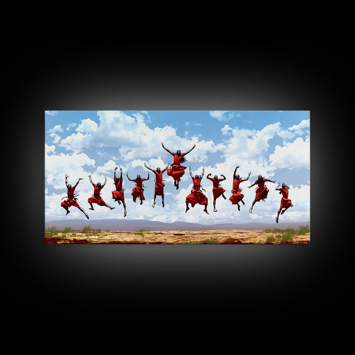 Joyful Red Dancers Under Clouds Canvas Print, African Celebration, African Women Art, Safari Decor, Colorful Wall Art Gift