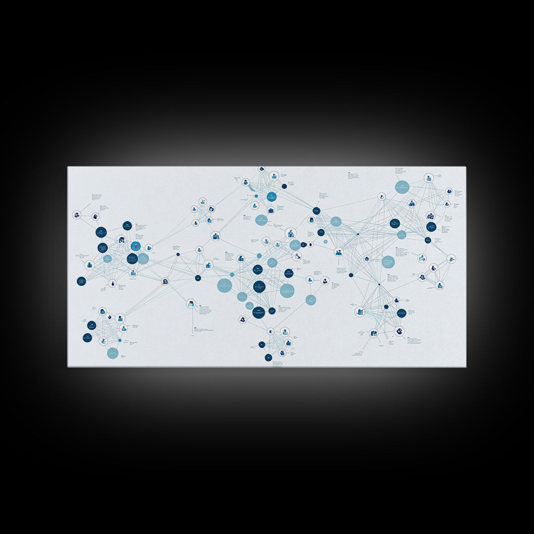 Blue Global Data Network Map Canvas Print, Abstract Wall Art, Modern Office Decor, Minimalist Technology Home Decor Gift