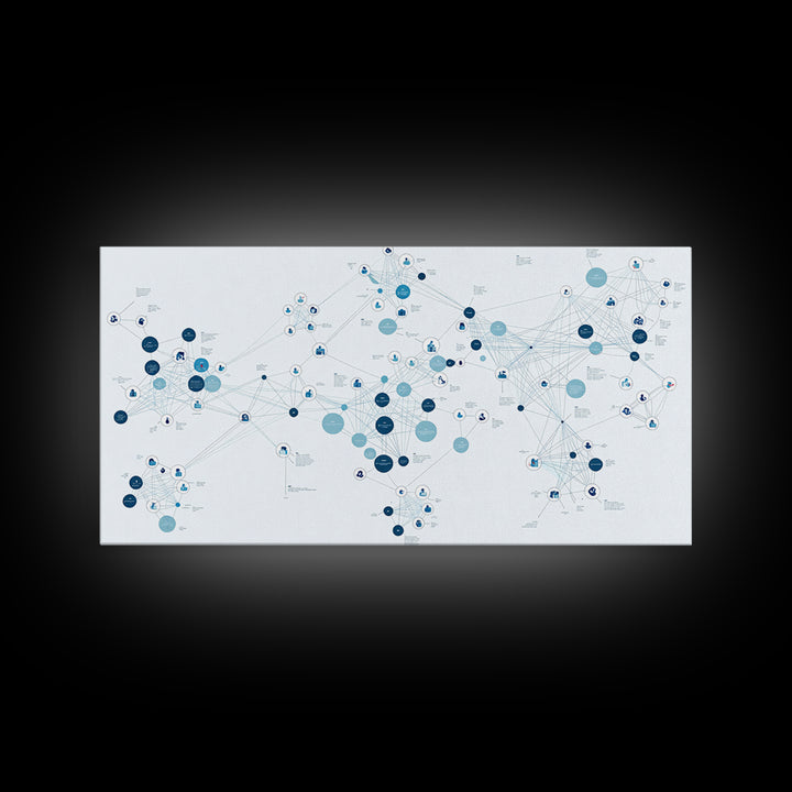 Blue Global Data Network Map Canvas Print, Abstract Wall Art, Modern Office Decor, Minimalist Technology Home Decor Gift