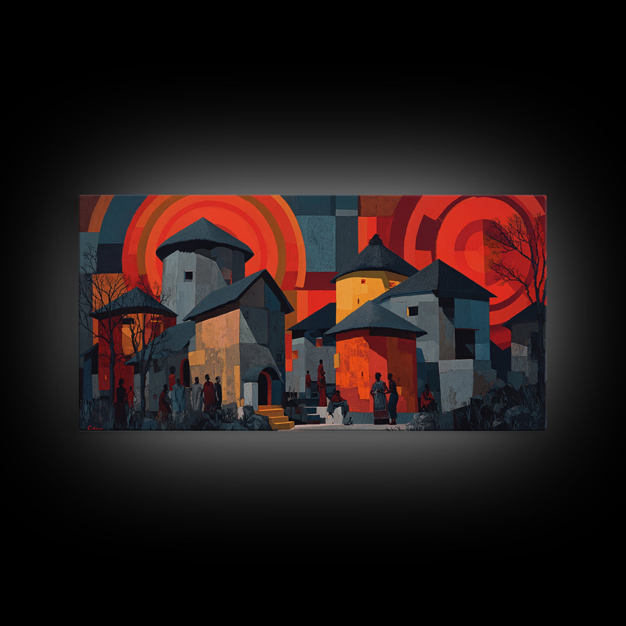 Red Sunset African Village Houses Wall Art, Modern African Art, Cultural Home Decor, Bold Geometric Canvas Print Gift For Him
