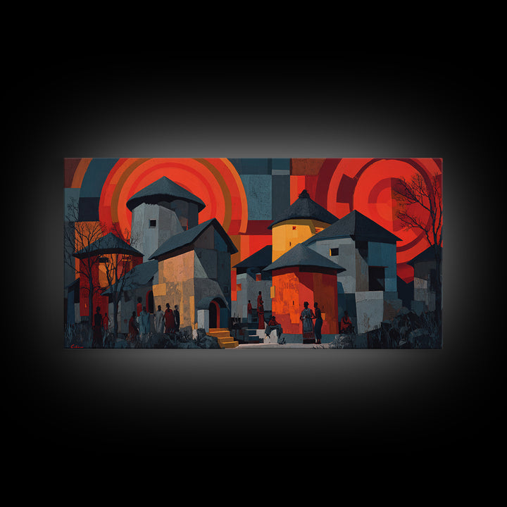 Red Sunset African Village Houses Wall Art, Modern African Art, Cultural Home Decor, Bold Geometric Canvas Print Gift For Him