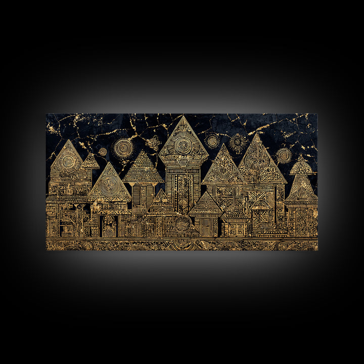Gold Tribal Village Houses On Black Wall Art, African Tribal Art, Ancient African Art Print, Luxury Cultural Home Decor Gift