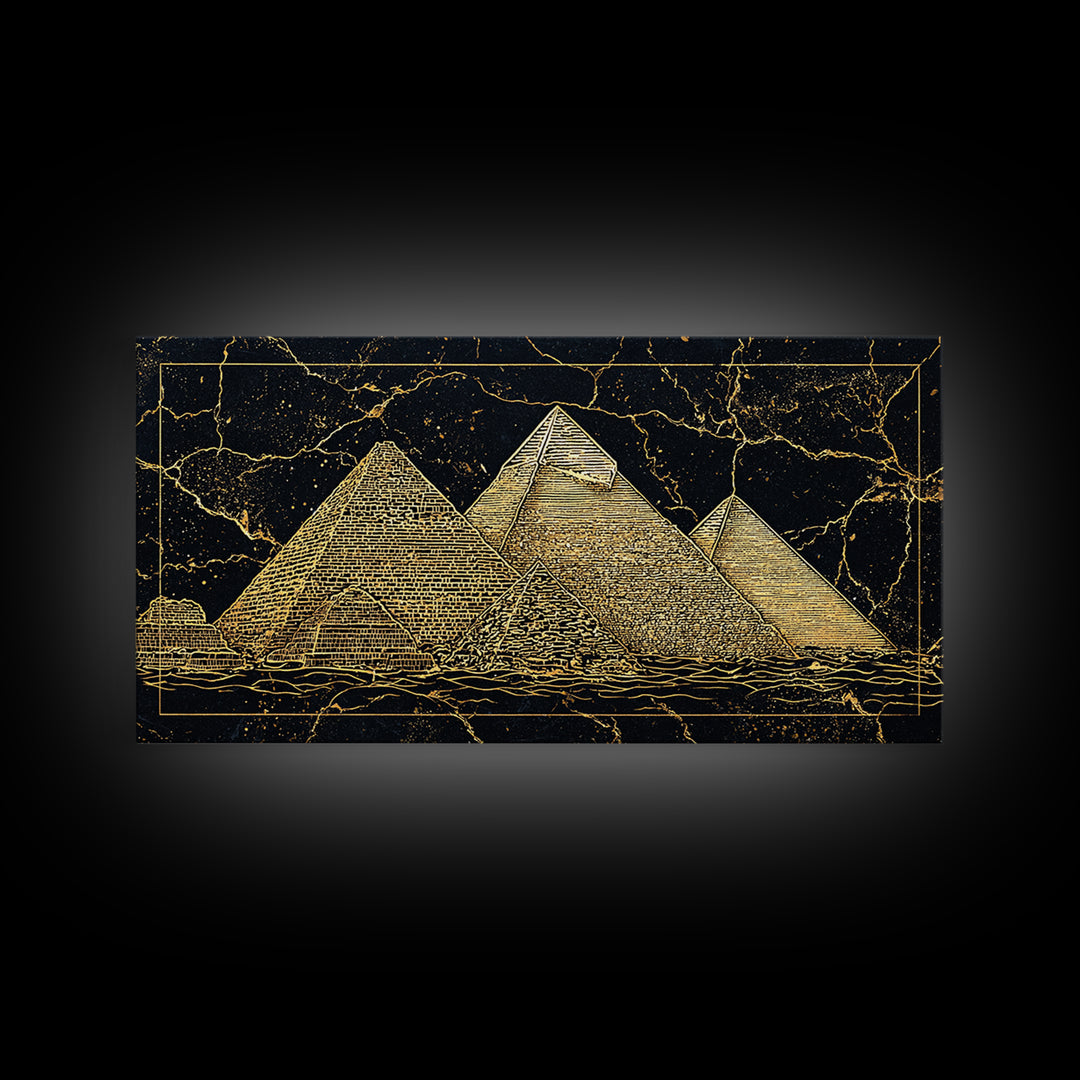 Golden Line Egyptian Pyramids Wall Art, Black Gold Canvas Print, Ancient African Artwork, Luxury Cultural Home Decor Gift