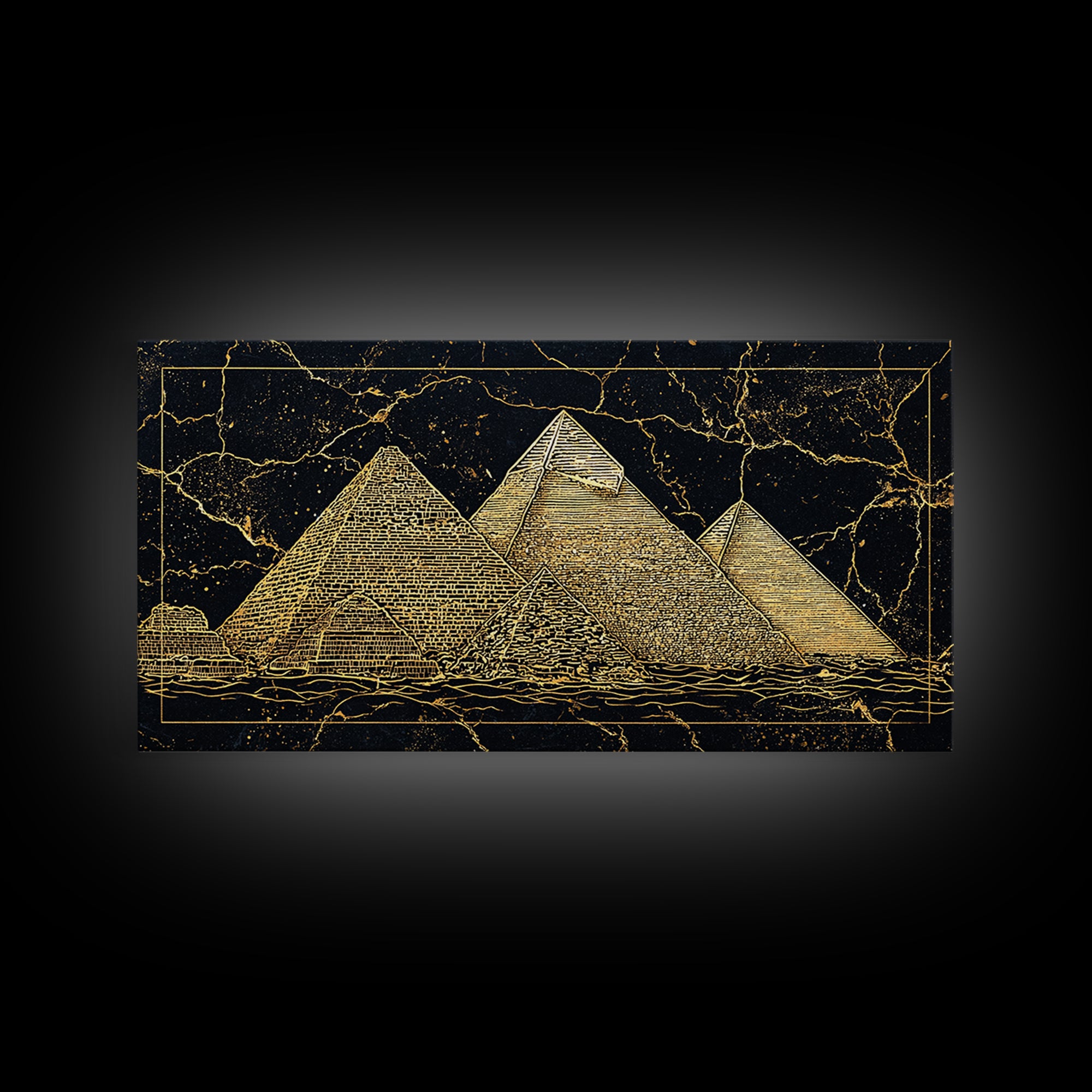 Golden Line Egyptian Pyramids Wall Art, Black Gold Canvas Print, Ancient African Artwork, Luxury Cultural Home Decor Gift