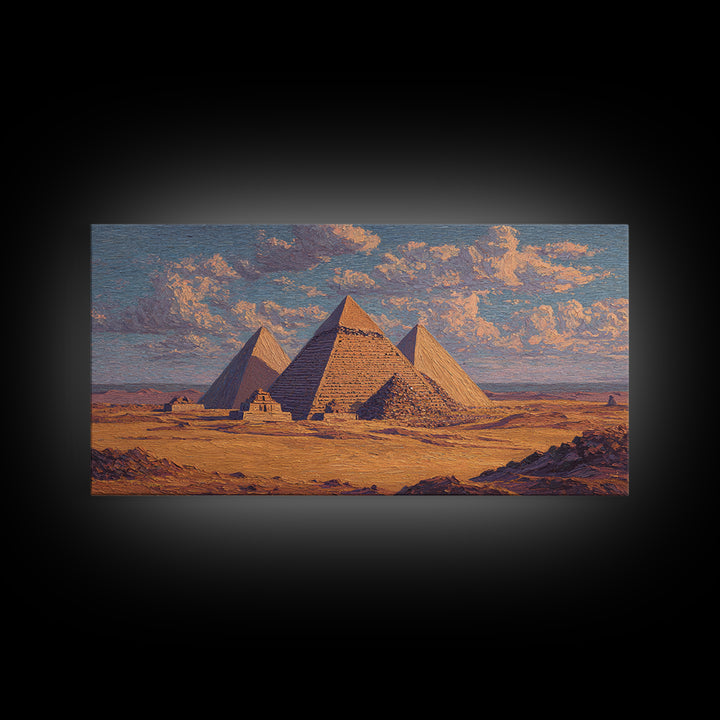 Sunlit Giza Pyramids Desert Wall Art, Egyptian Landscape Canvas Print, Ancient African Art, Warm Earth Tone Decor For Living Room
