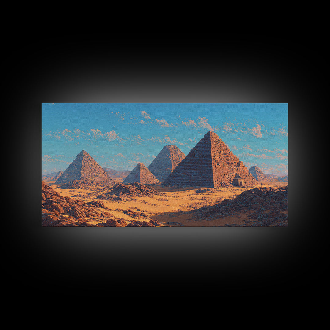 Blue Sky Giza Pyramids Wall Art, Egyptian Desert Landscape Canvas Print, Ancient African Art, Warm Cultural Decor Gift For Her