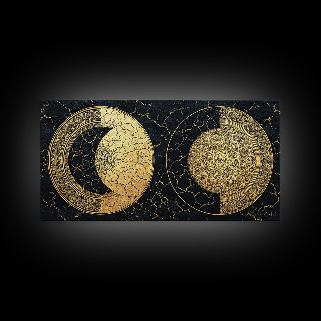 Gold Celestial Moon Phases On Cracked Black Wall Art, Abstract Art, Spiritual Wall Art, Modern Canvas Art, Home Decor Gift