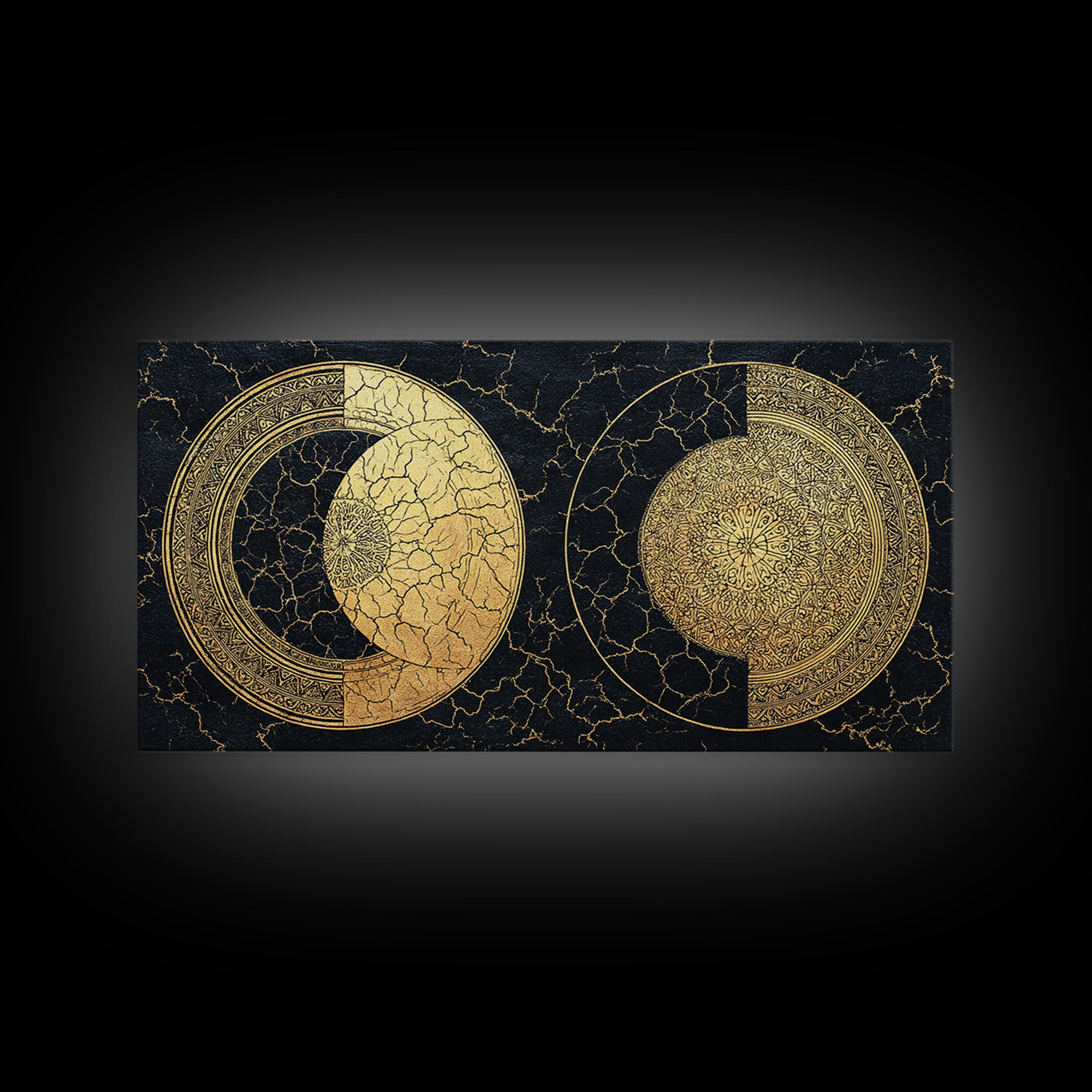 Gold Celestial Moon Phases On Cracked Black Wall Art, Abstract Art, Spiritual Wall Art, Modern Canvas Art, Home Decor Gift