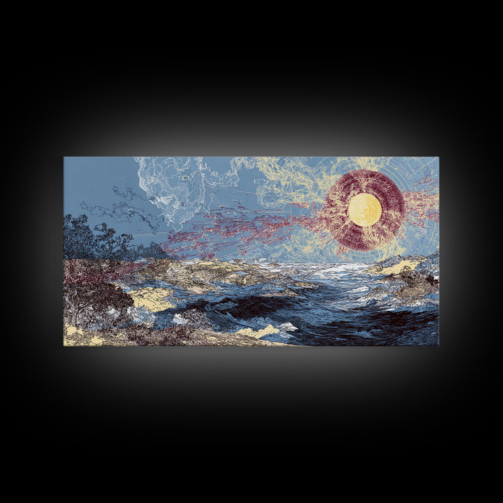 Radiant Sun Over Abstract Ocean Landscape Canvas Print, Blue Wall Art, Modern Art, Nature Scene Art, Coastal Home Decor Gift