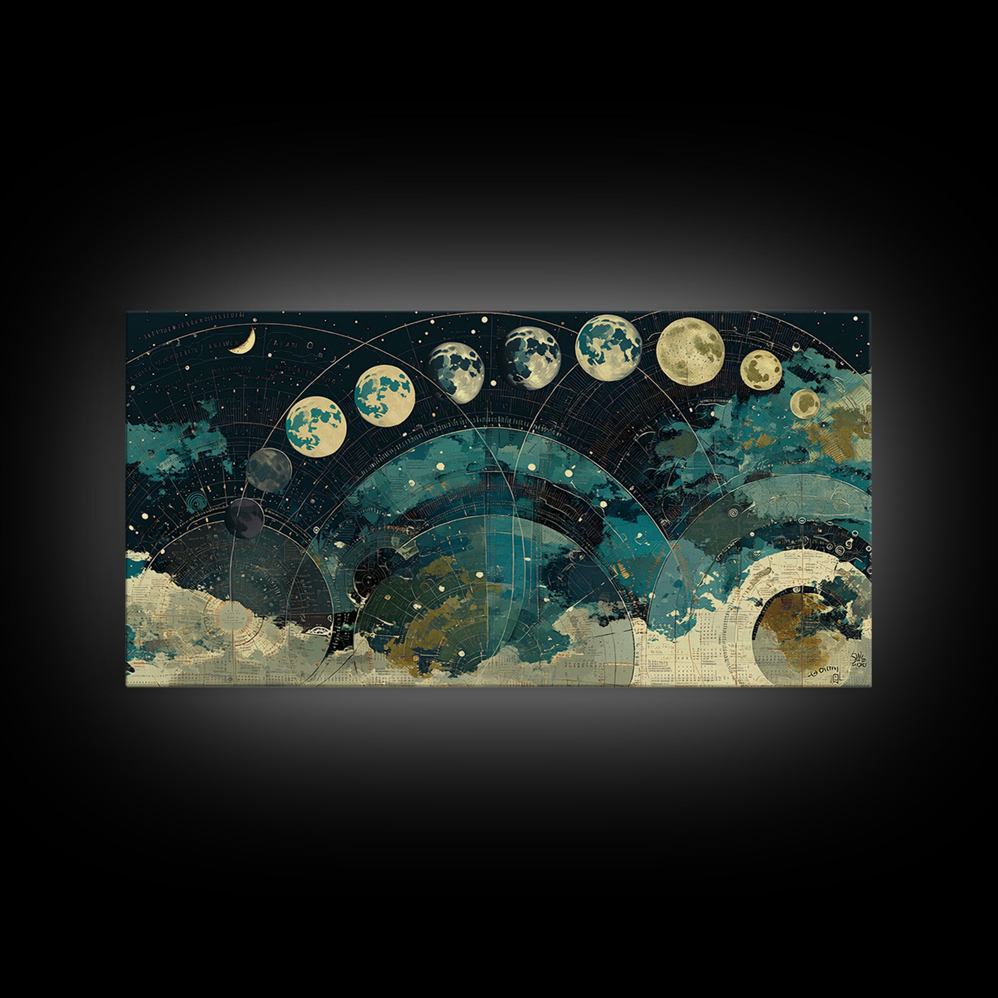 Teal Moon Phase Night Sky Celestial Wall Art, Spiritual Wall Art, Mystical Wall Art, Abstract Canvas Art, Bedroom Decor Gift