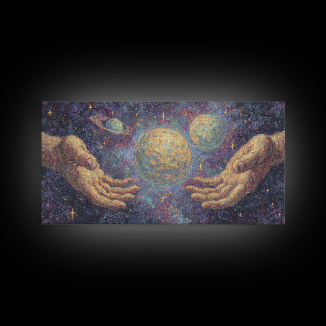 Mystical Hands Holding Planets Cosmic Wall Art, Spiritual Wall Art, Abstract Art, Dreamy Wall Art, Unique Canvas Print Home Decor