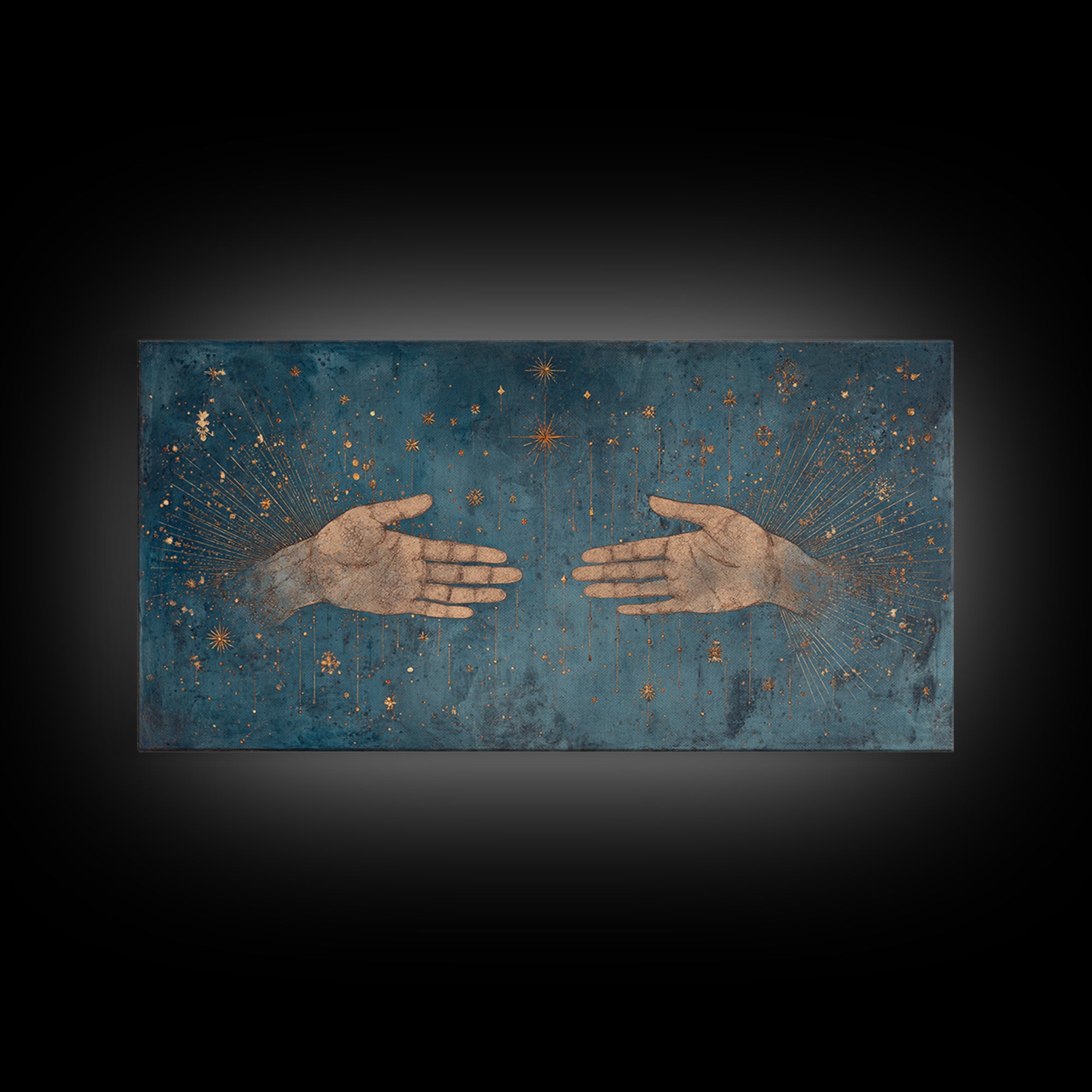 Two Open Hands With Golden Stars Teal Wall Art, Spiritual Wall Art, Mystical Wall Art, Feminine Wall Art, Unique Home Decor