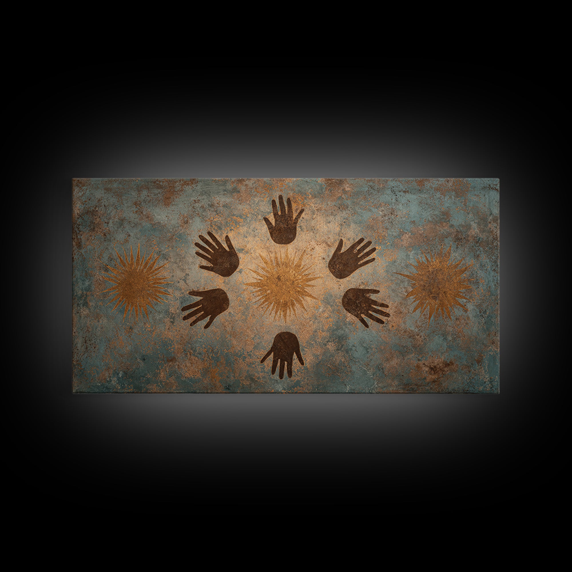 Ancient Handprint Symbols Wall Art, Tribal Abstract Painting, Earth Tone Spiritual Decor, Rustic Cultural Home Decor Gift