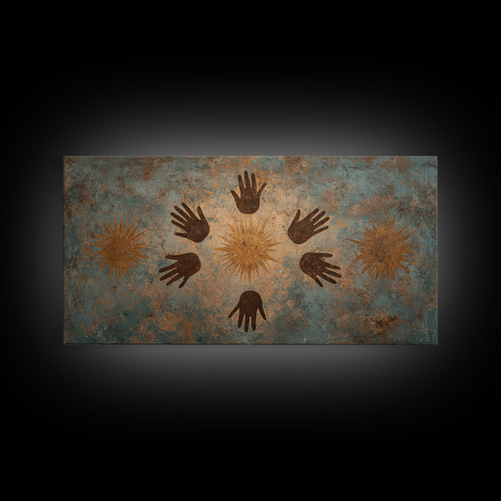 Ancient Handprint Symbols Wall Art, Tribal Abstract Painting, Earth Tone Spiritual Decor, Rustic Cultural Home Decor Gift