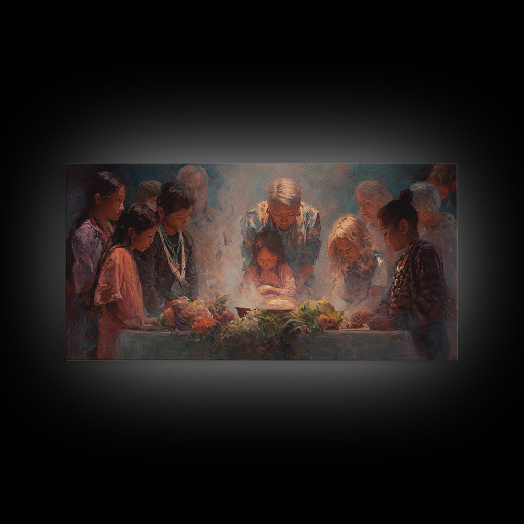 Children Around Harvest Table Canvas Print, Multicultural Family Prayer, Warm Kitchen Decor, Meaningful Housewarming Gift