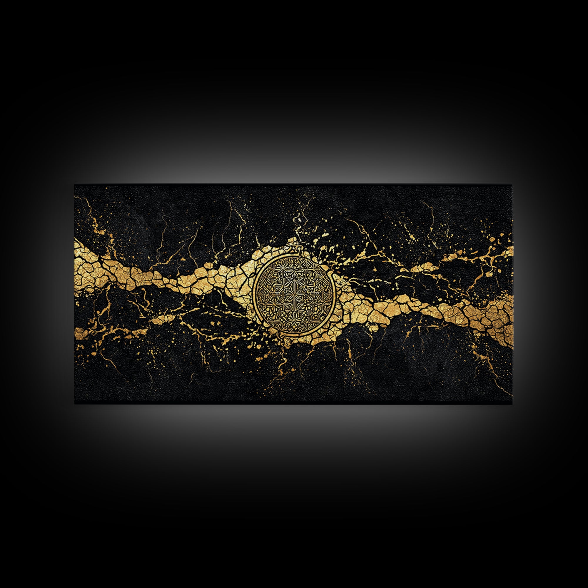 Black And Gold Medallion Canvas Print, Luxury Abstract Wall Decor, Cracked Marble Texture, Elegant Statement Home Decor Gift