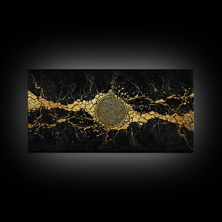 Black And Gold Medallion Canvas Print, Luxury Abstract Wall Decor, Cracked Marble Texture, Elegant Statement Home Decor Gift