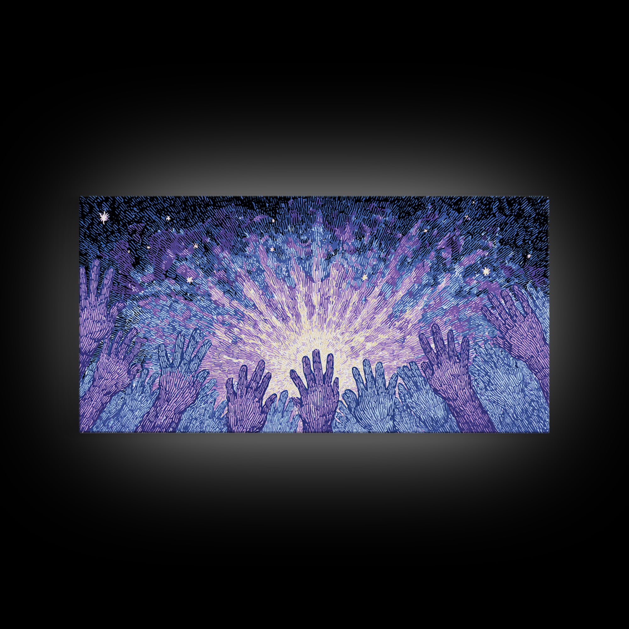 Hands Reaching Toward Light Wall Art, Mystical Spiritual Canvas Decor, Blue Purple Starburst, Dreamy Meditation Gift For Home
