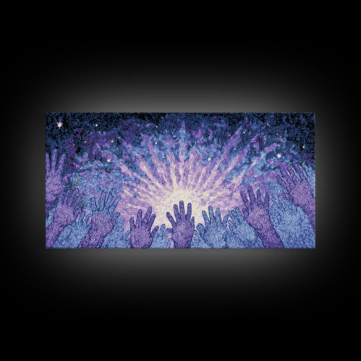 Hands Reaching Toward Light Wall Art, Mystical Spiritual Canvas Decor, Blue Purple Starburst, Dreamy Meditation Gift For Home