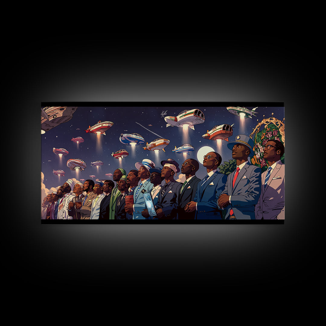 Afrofuturist Skywatchers Canvas Print, Black Men In Suits With Ufo Ships, Modern Afro Wall Decor, Unique Sci Fi Statement Home Decor Gift