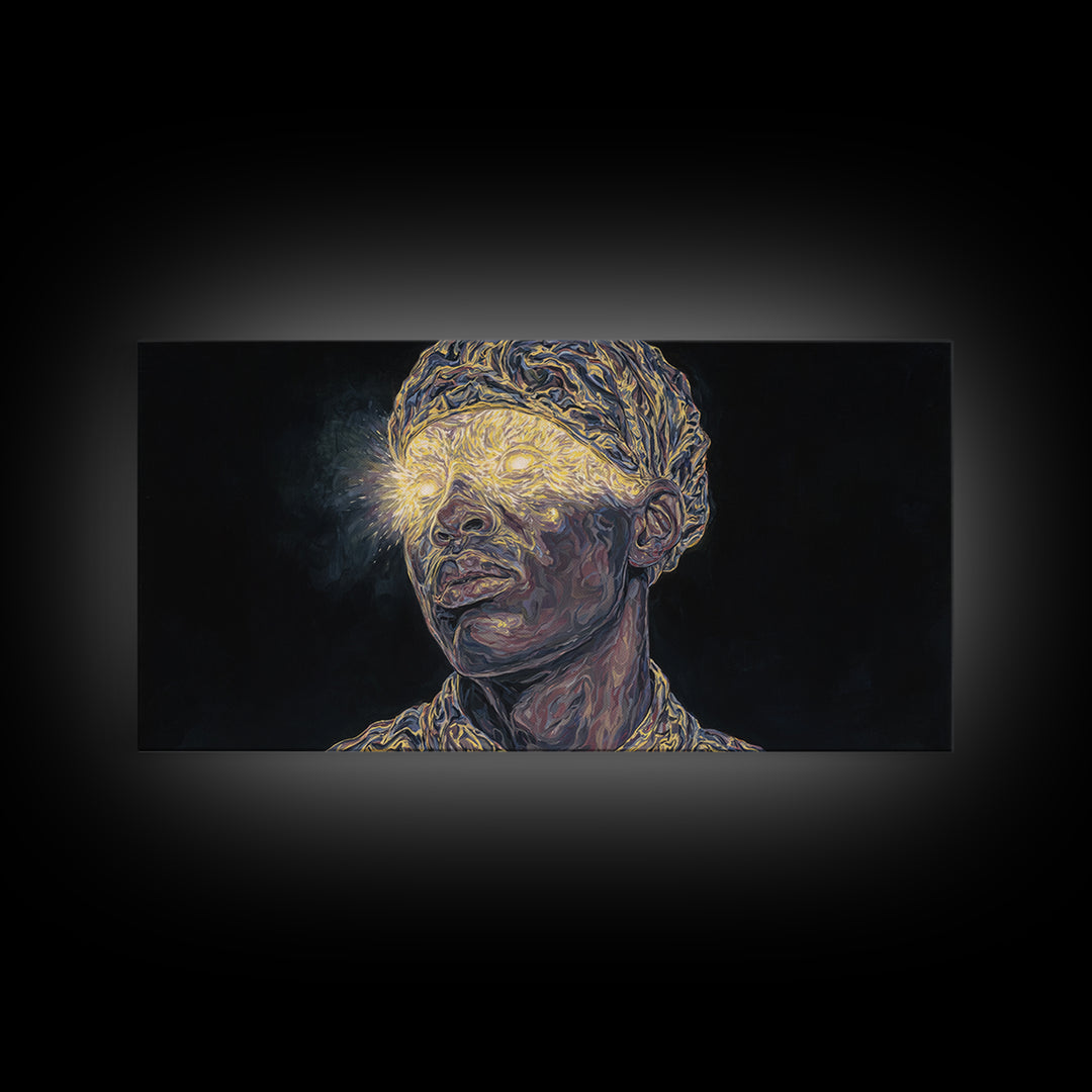 Glowing Eyed African Elder Portrait Framed Canvas Print, Visionary Black Art, Afrocentric Wall Art, Spiritual Home Decor