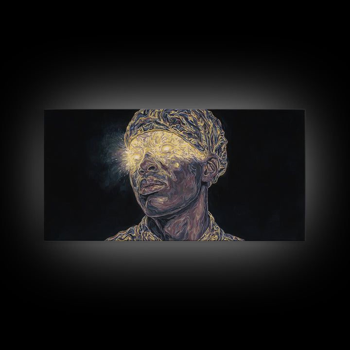 Glowing Eyed African Elder Portrait Framed Canvas Print, Visionary Black Art, Afrocentric Wall Art, Spiritual Home Decor