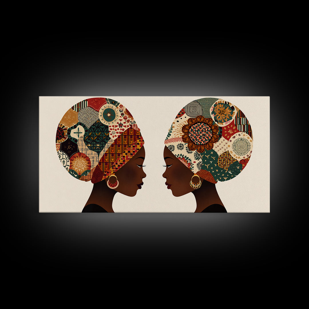 Twin African Women In Ankara Headwraps Canvas Print, Black Woman Wall Art, Afrocentric Decor, Elegant Cultural Home Decor