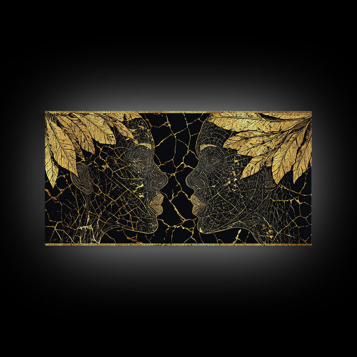 Gold Leaf African Profile Faces Wall Art, Black Gold Abstract Portrait, Afrocentric Canvas Print, Elegant Cultural Decor
