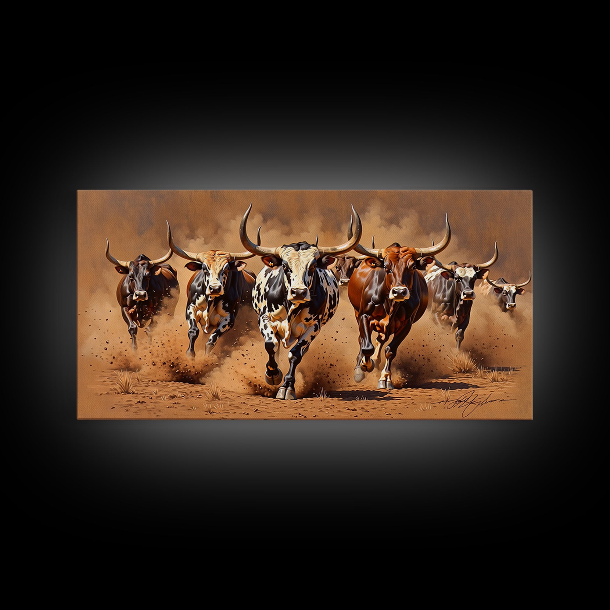Charging Longhorn Cattle Canvas Print, African Safari Animal Art, Rustic Western Wall Art, Brown Dusty Ranch Home Decor Gift