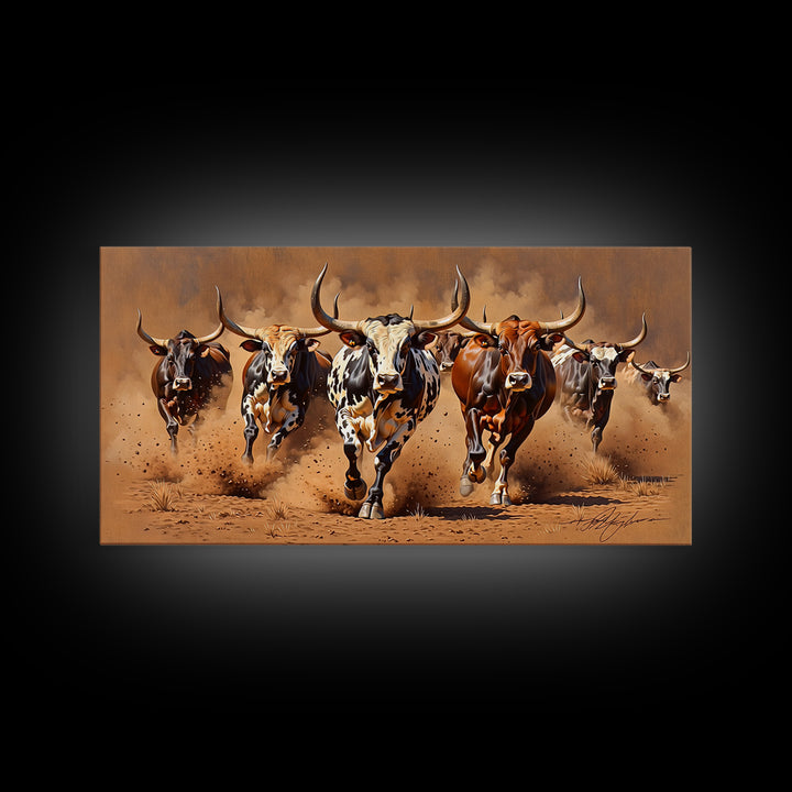 Charging Longhorn Cattle Canvas Print, African Safari Animal Art, Rustic Western Wall Art, Brown Dusty Ranch Home Decor Gift