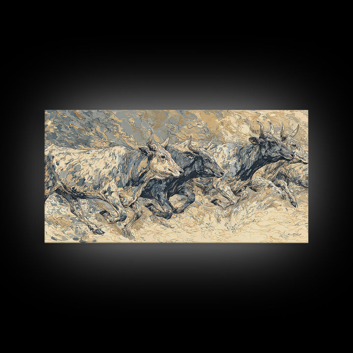 White Cattle Herd In Dusty Motion Framed Canvas Print, African Animal Art, Safari Wall Art, Beige Blue Rustic Home Decor