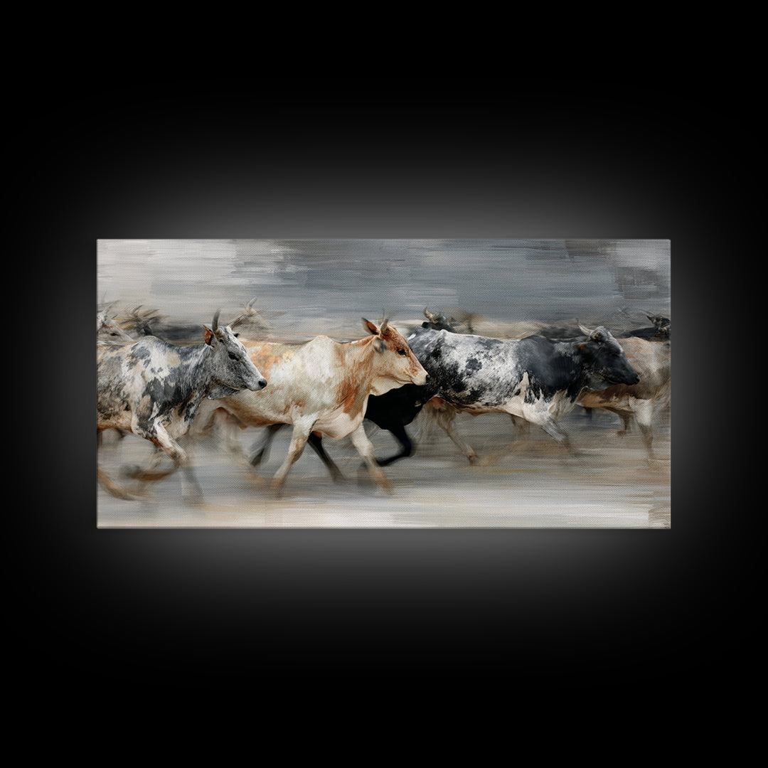 Blurred Running Cattle Herd Canvas Print, African Safari Wall Art, Modern Animal Painting, Neutral Rustic Living Room Decor