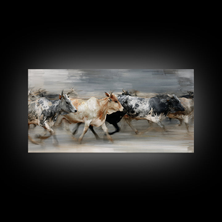 Blurred Running Cattle Herd Canvas Print, African Safari Wall Art, Modern Animal Painting, Neutral Rustic Living Room Decor