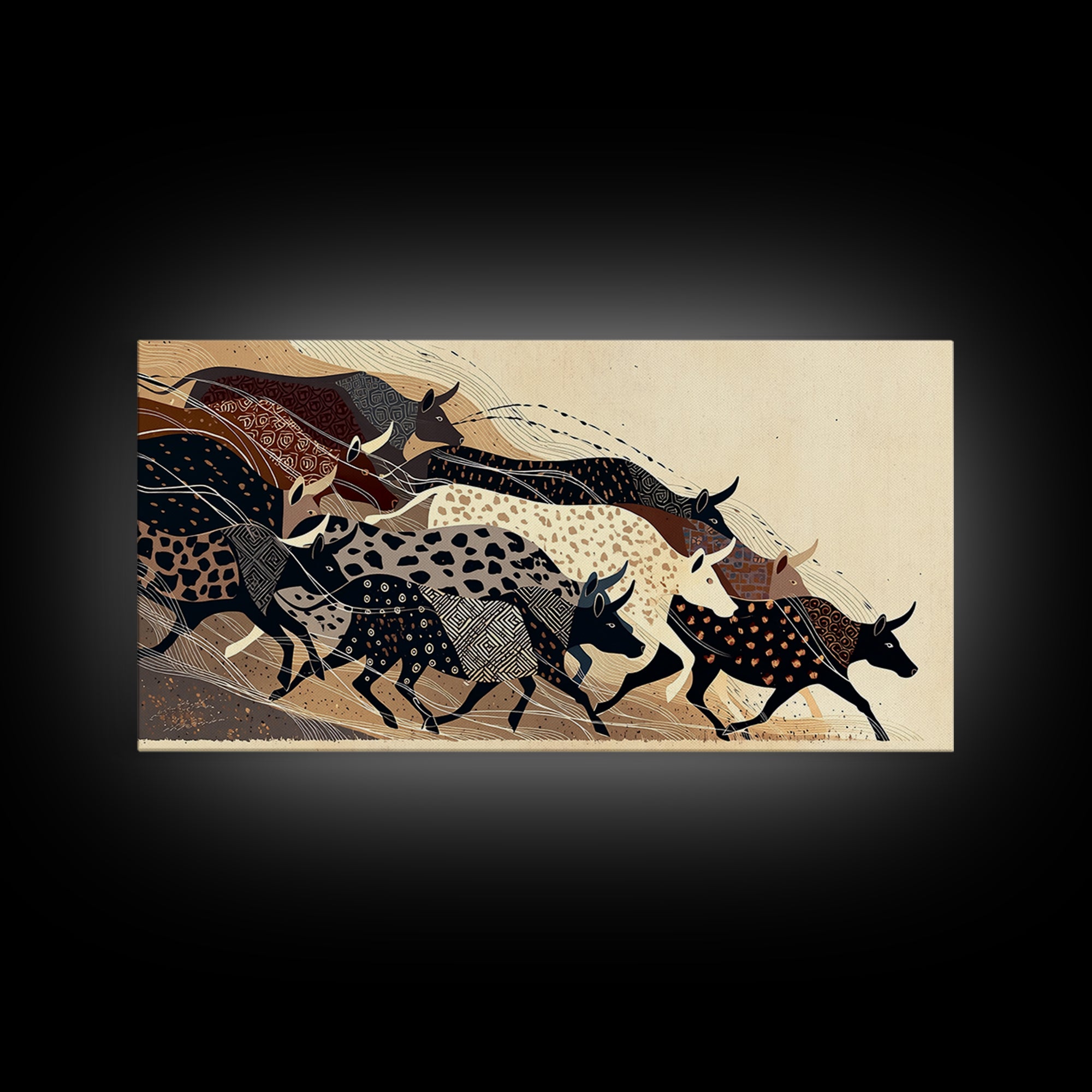 Patterned Cattle Herd Wall Art, Boho African Animal Art, Tribal Textile Canvas Print, Earth Tone Safari Unique Home Decor Gift