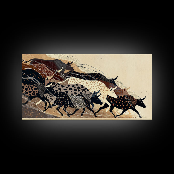 Patterned Cattle Herd Wall Art, Boho African Animal Art, Tribal Textile Canvas Print, Earth Tone Safari Unique Home Decor Gift