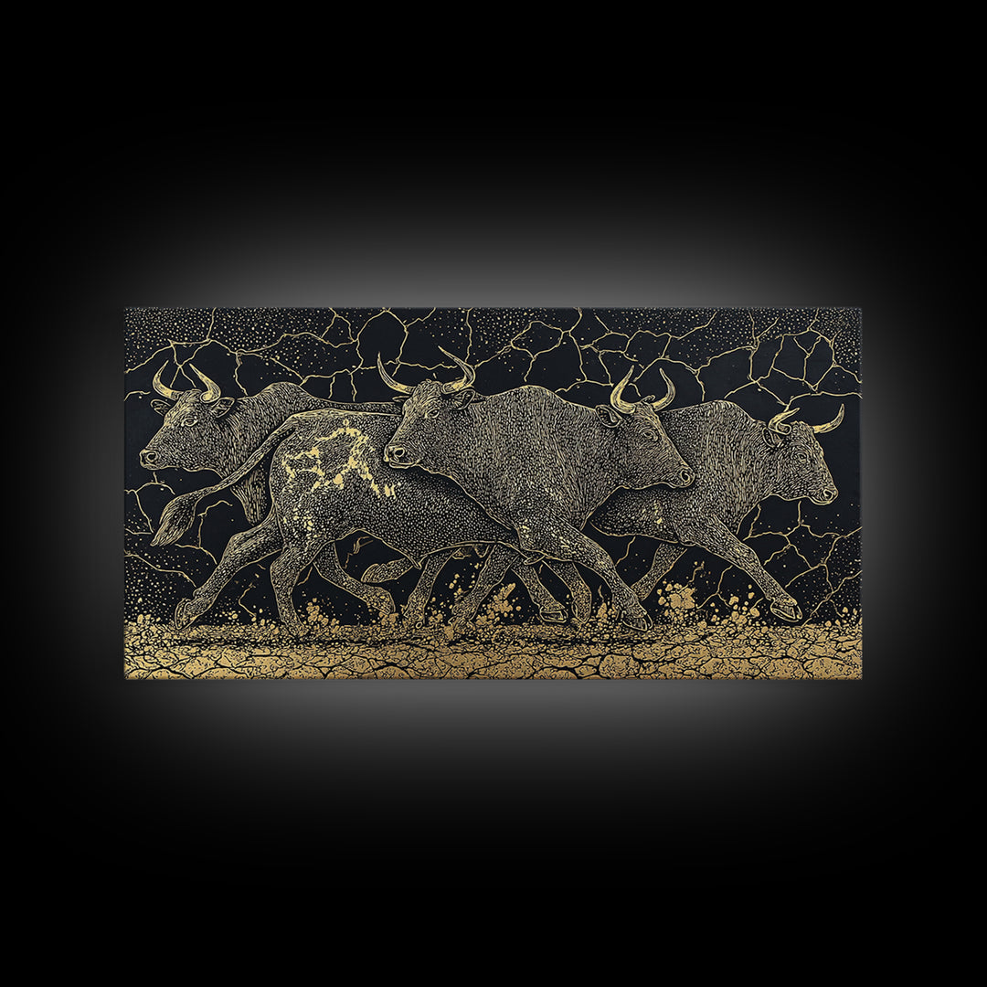 Black Gold Running Cattle Wall Art, African Animal Art, Tribal Crackle Canvas Print, Luxury Safari Decor, Statement Piece