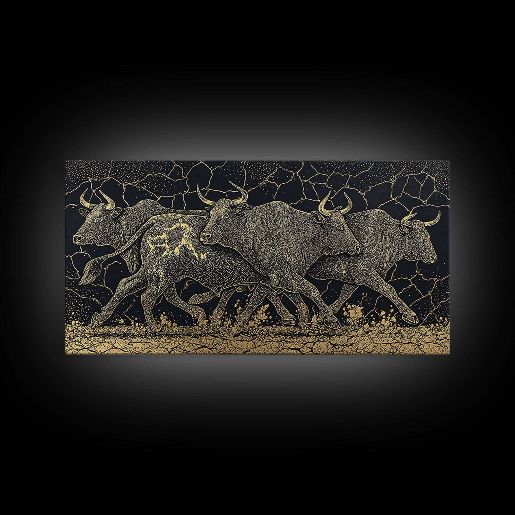 Black Gold Running Cattle Wall Art, African Animal Art, Tribal Crackle Canvas Print, Luxury Safari Decor, Statement Piece
