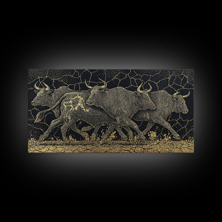 Black Gold Running Cattle Wall Art, African Animal Art, Tribal Crackle Canvas Print, Luxury Safari Decor, Statement Piece