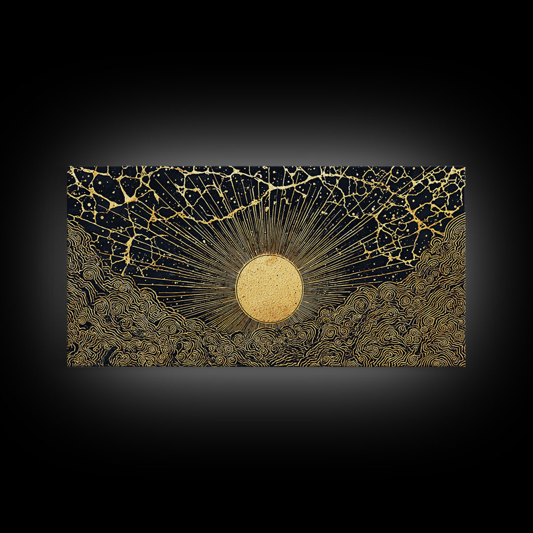 Golden Sunburst Over Black Waves Wall Art, African Inspired Abstract, Black And Gold Decor, Luxury Canvas For Living Room