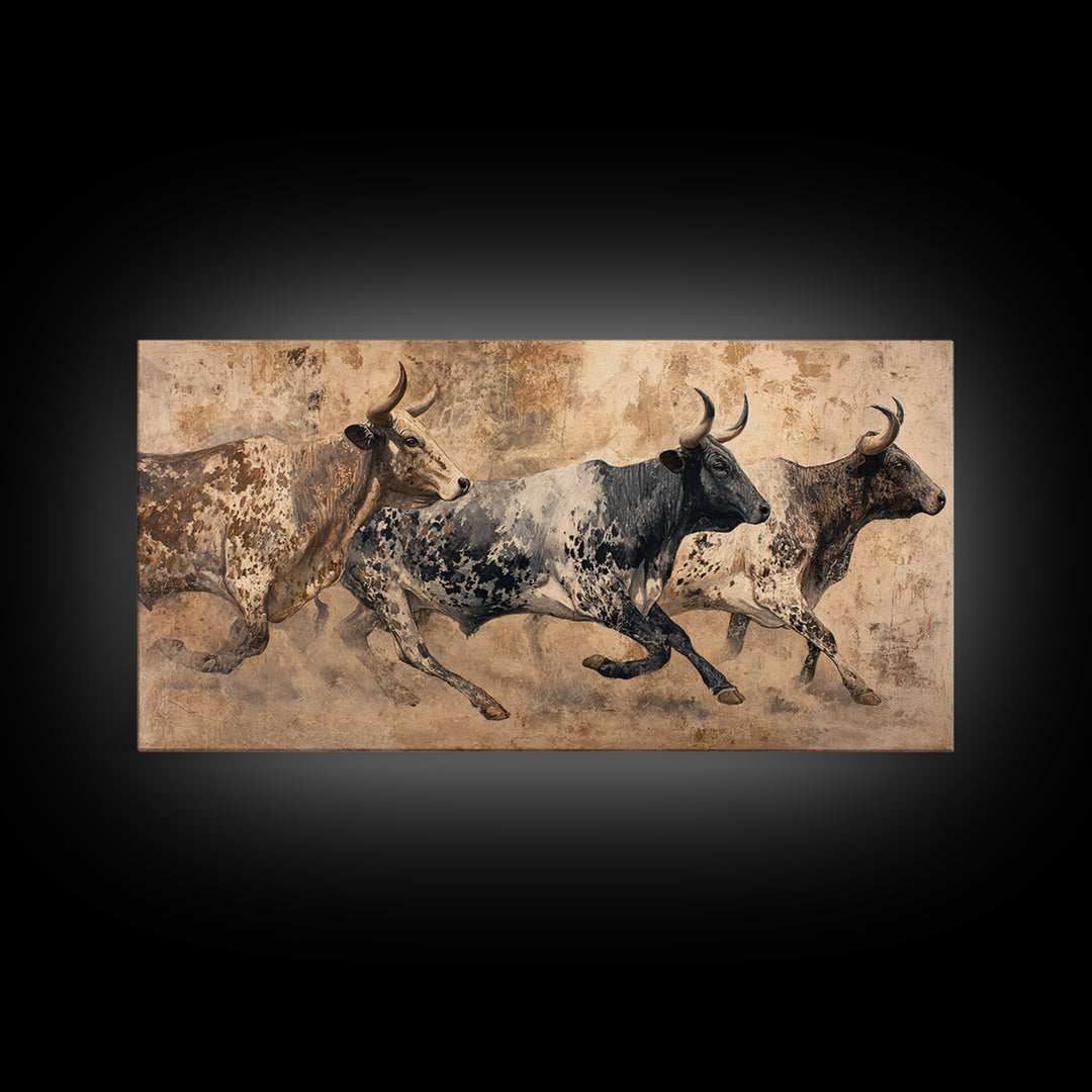 Running African Cattle Canvas Print, Rustic Safari Animal Painting, Earth Tone Wall Decor, Modern Farmhouse Home Decor, Housewarming Gift