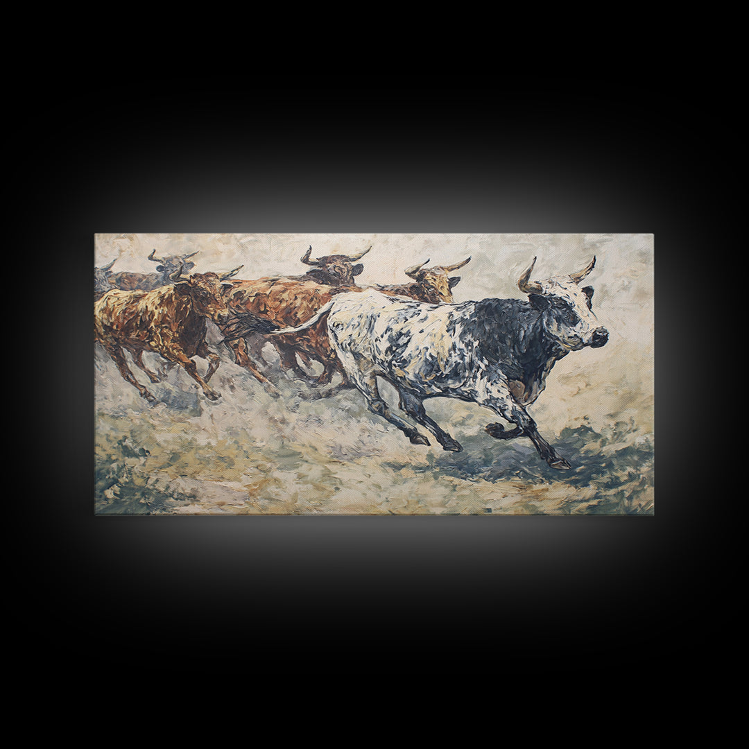 Textured Longhorn Cattle Framed Canvas Print, African Safari Wall Art, Rustic Animal Painting, Neutral Living Room Decor