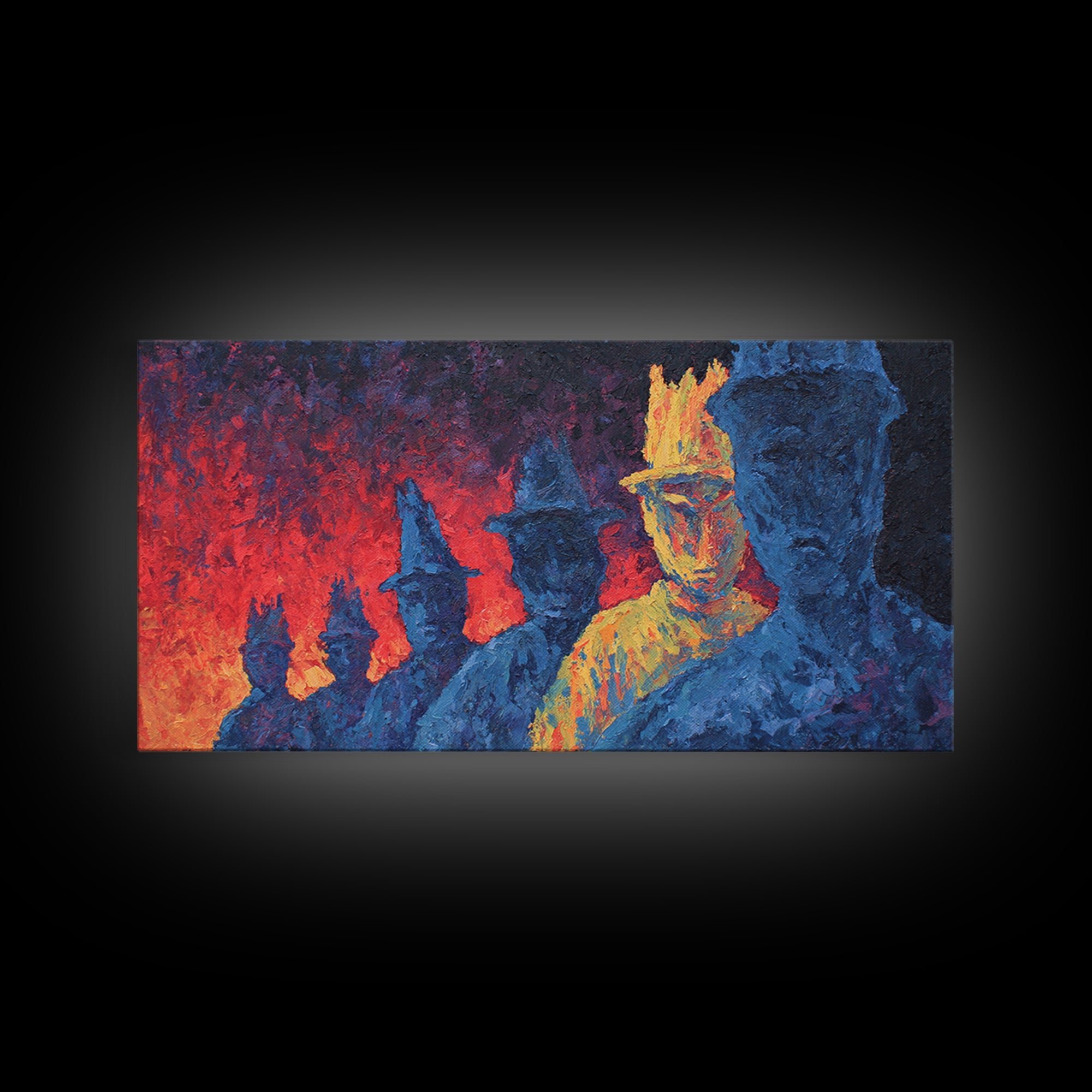 Fiery Blue And Gold Figures Framed Canvas Print, African Warrior Art, Bold Abstract Black Art, Vibrant Statement Home Decor