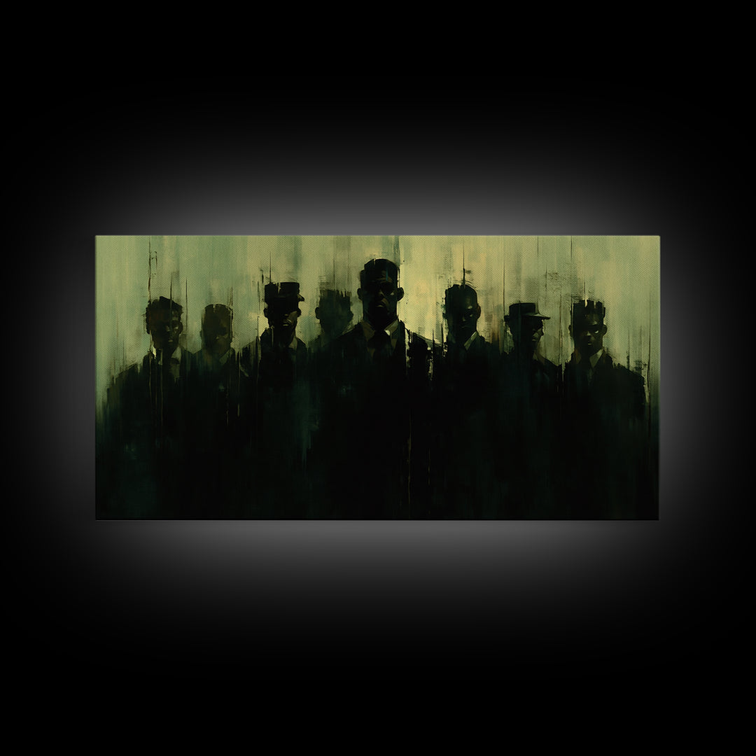Green Shadow Men In Hats Canvas Print, Moody Black Wall Art, African American Portrait, Minimalist Office Decor Gift For Him