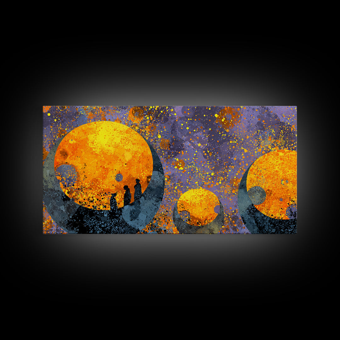 Orange Moon Figures Wall Art, African Inspired Abstract Landscape, Black Silhouette Home Decor, Afrofuturism Canvas Print