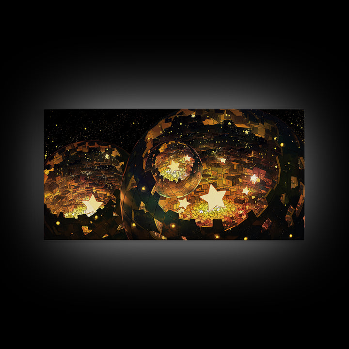 Golden Star Lantern Domes At Night Wall Art, Afrofuturism Decor, Modern African Inspired Canvas, Boho Home Decor Gift For Her