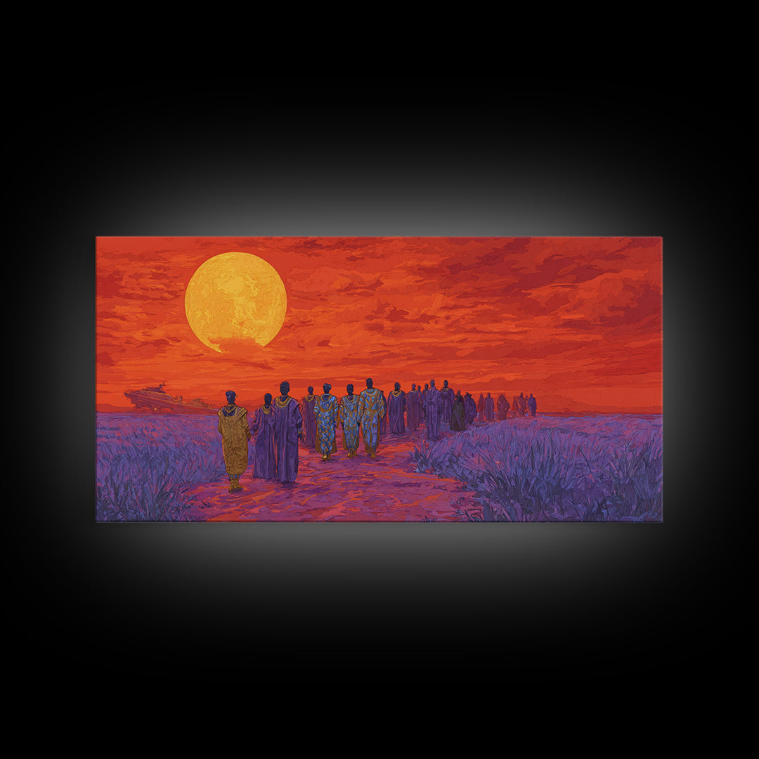 African Procession Under Orange Sun Framed Canvas Print, African Women Art, Cultural Wall Decor, Afrocentric Home Decor Gift