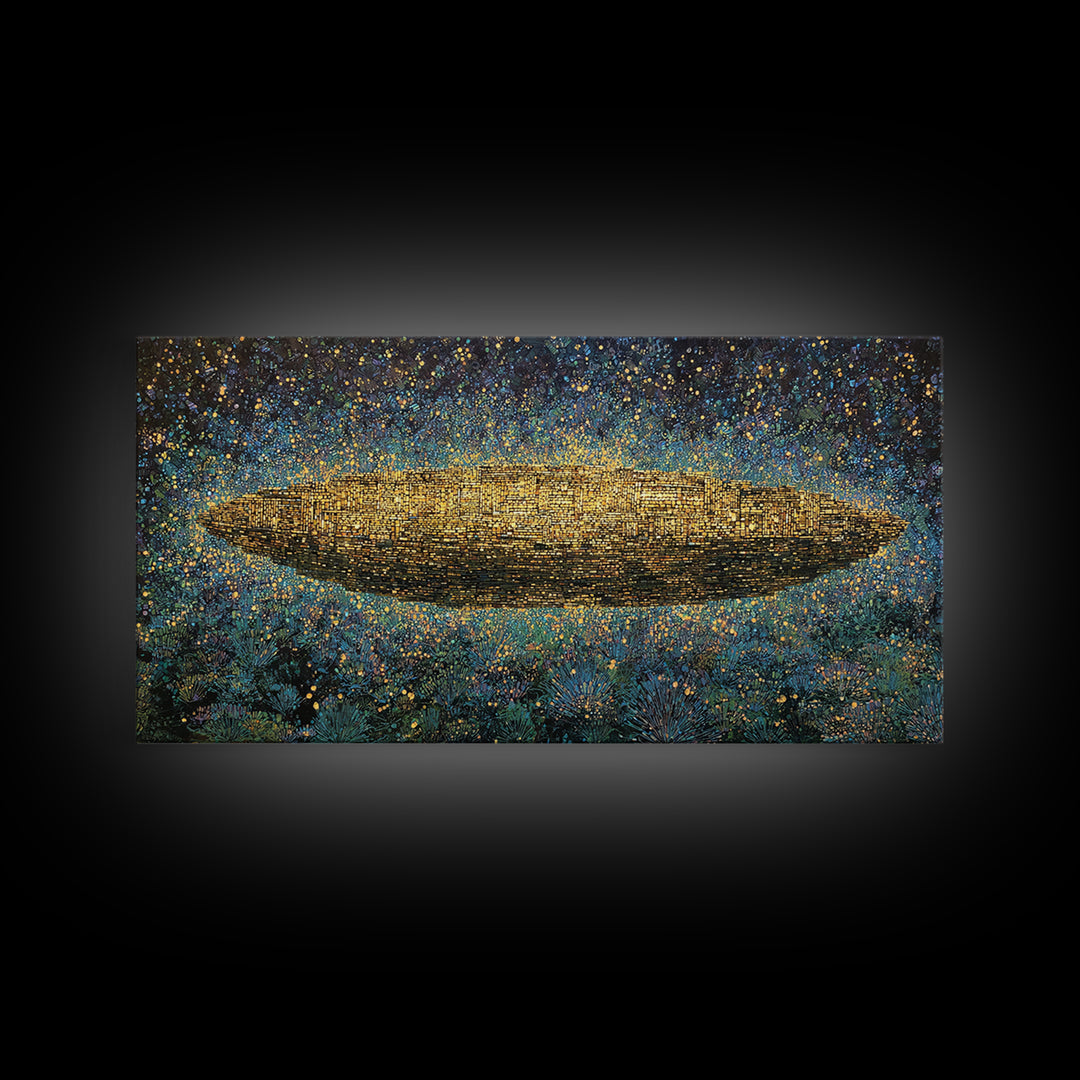 Glowing Golden Oval Over Blue Meadow Canvas Print, Abstract African Art, Textured Art Print, Luxury Canvas Art Decor Gift